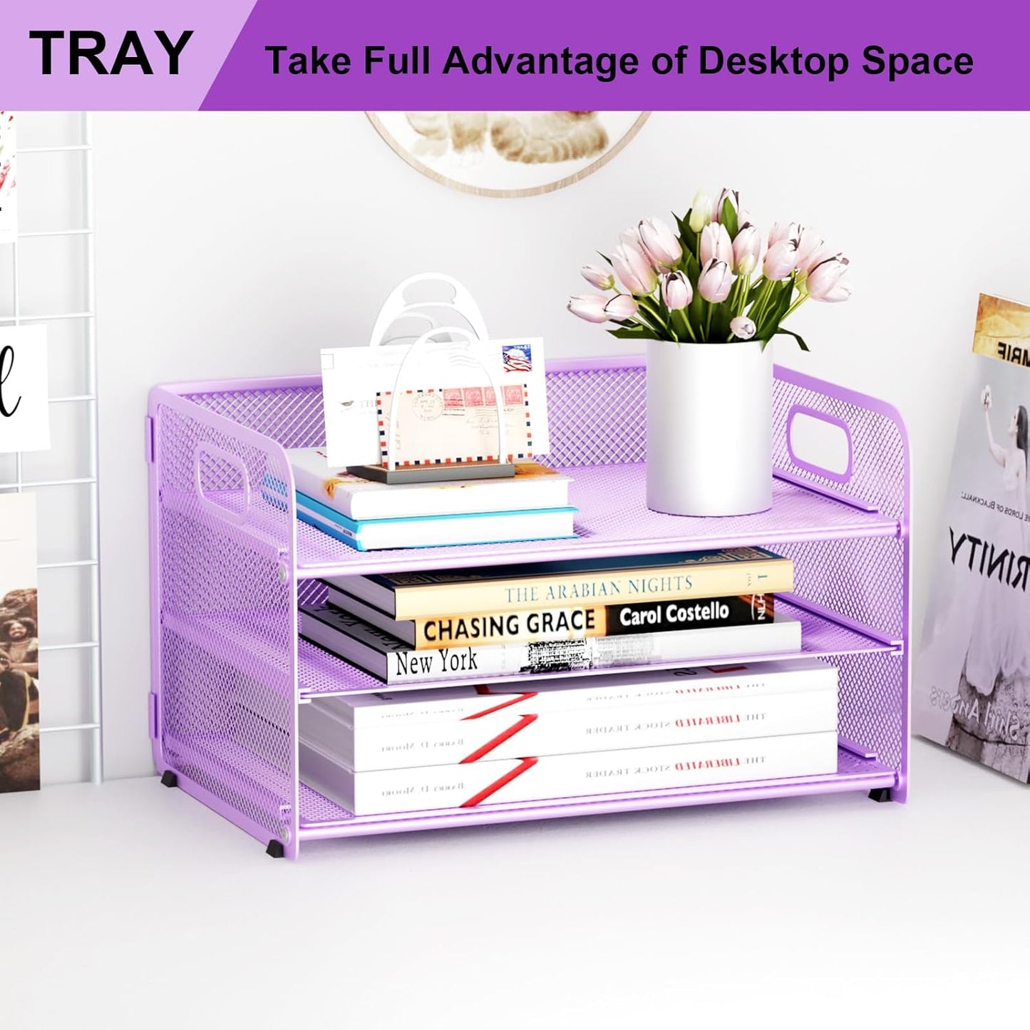 3 Tier Paper Letter Tray Organizer for Desk, Mesh File Folder Document Organizer with Handle for Home Office Supplies Desktop Accessories, Pink