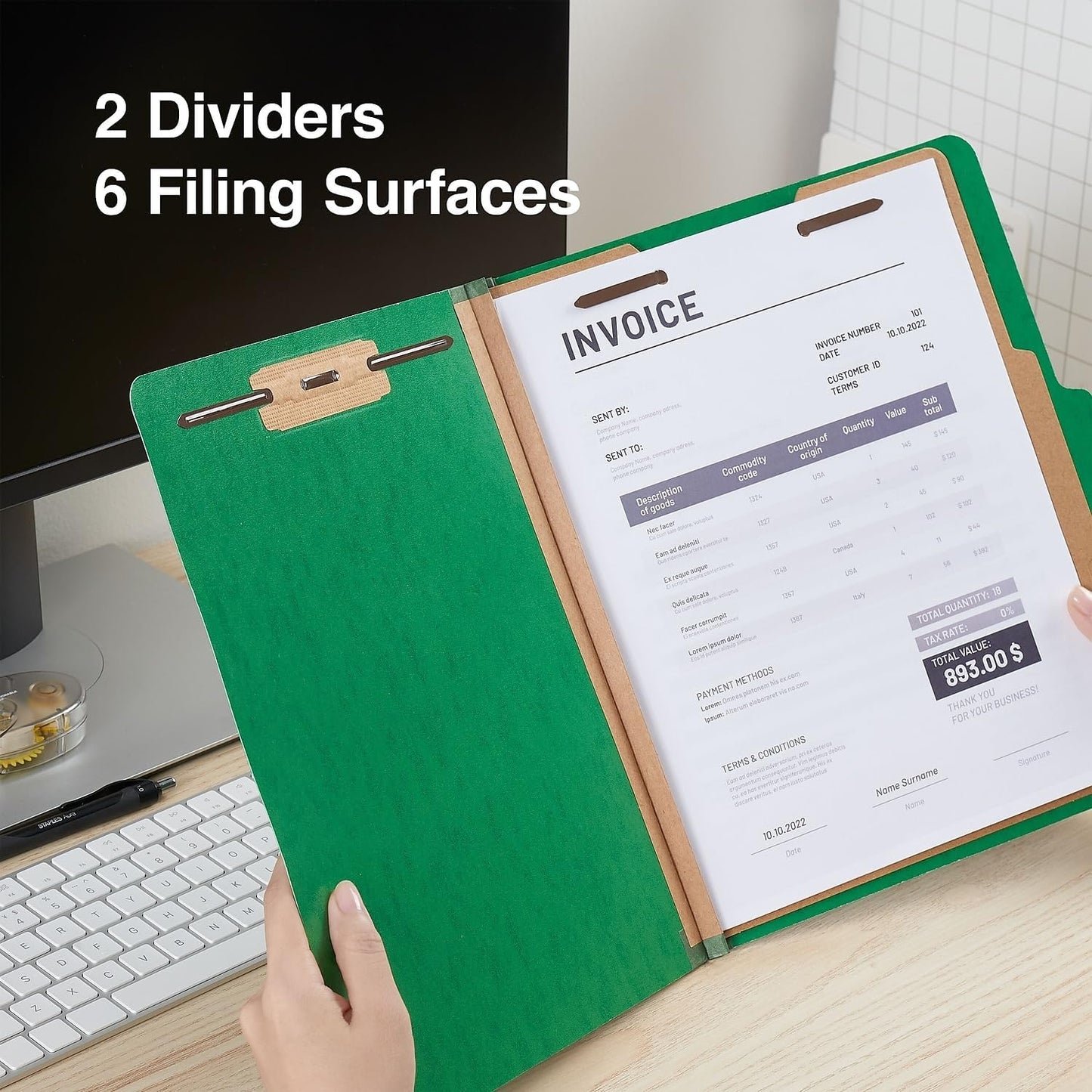 Moisture‑Resistant Classification Folder, Letter Size, 2 Dividers, 2.5″ Expansion, Green Pressboard, 20/Carton