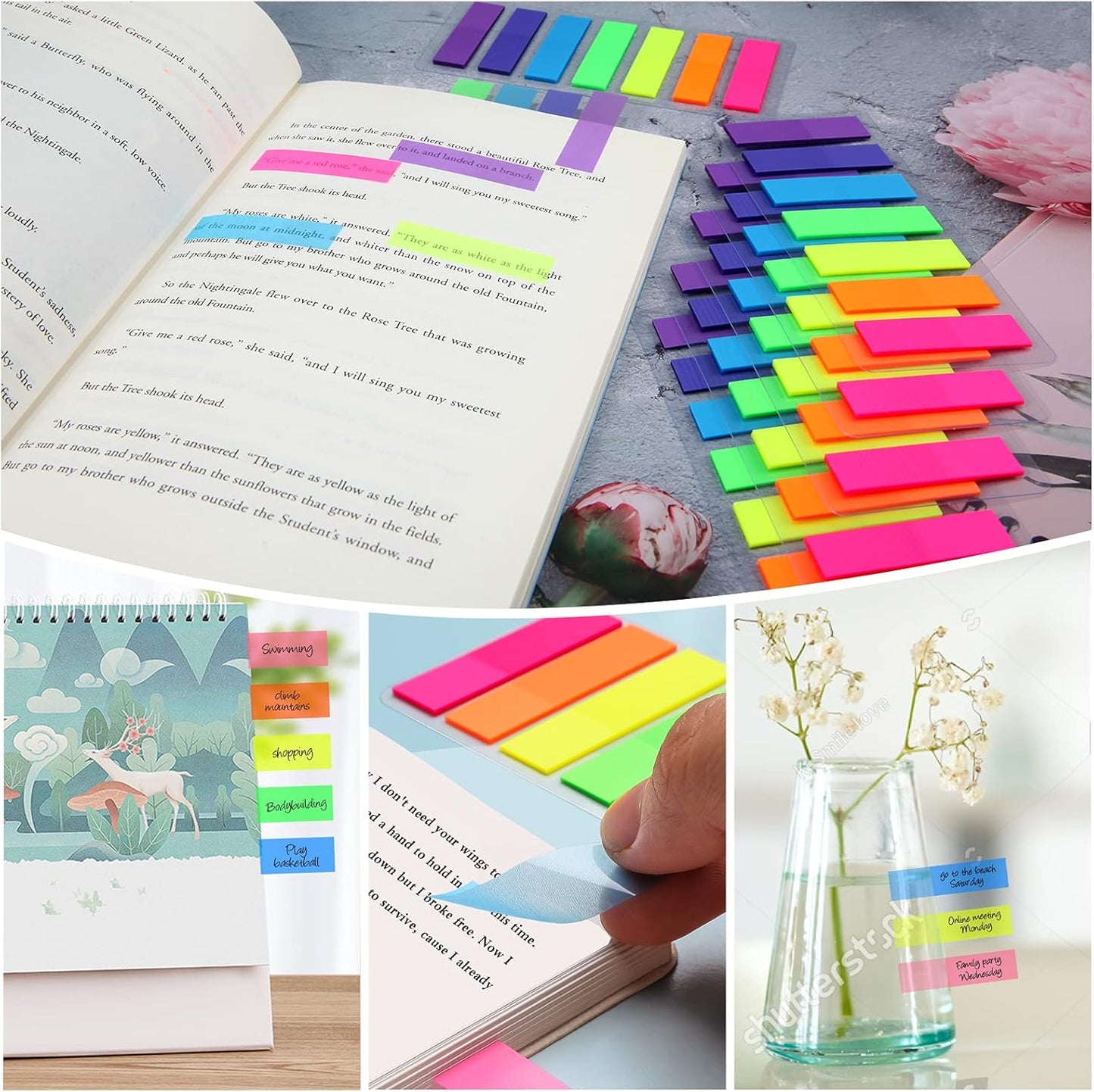 moinkerin 980 Pcs Sticky Notes Flags, 7 Color Index Tabs Index Flag Bright Colors Page Index Stickers Translucent Page Makers for Page Bookmarks