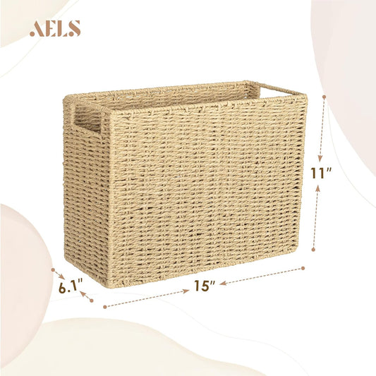 AELS Woven Natural Fibre Magazine Holder, Scalloped Edge Floor Magazine Rack, Hand-woven Organizer, Boho Modern Farmhouse Book Basket, File Newspaper Mail Holder for Office