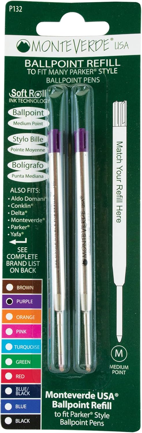 Monteverde Ballpoint Refill to Fit Parker Ballpoint Pens, Medium Point, Soft Roll, Purple, 2 per Pack (P132PL)