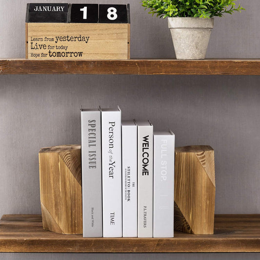 MyGift Brass Wood Decorative Bookends Triangular Design, Office Desk Wooden Book Ends, Book Stand for Shelves with Tone Ring Accent, Rustic Burnt