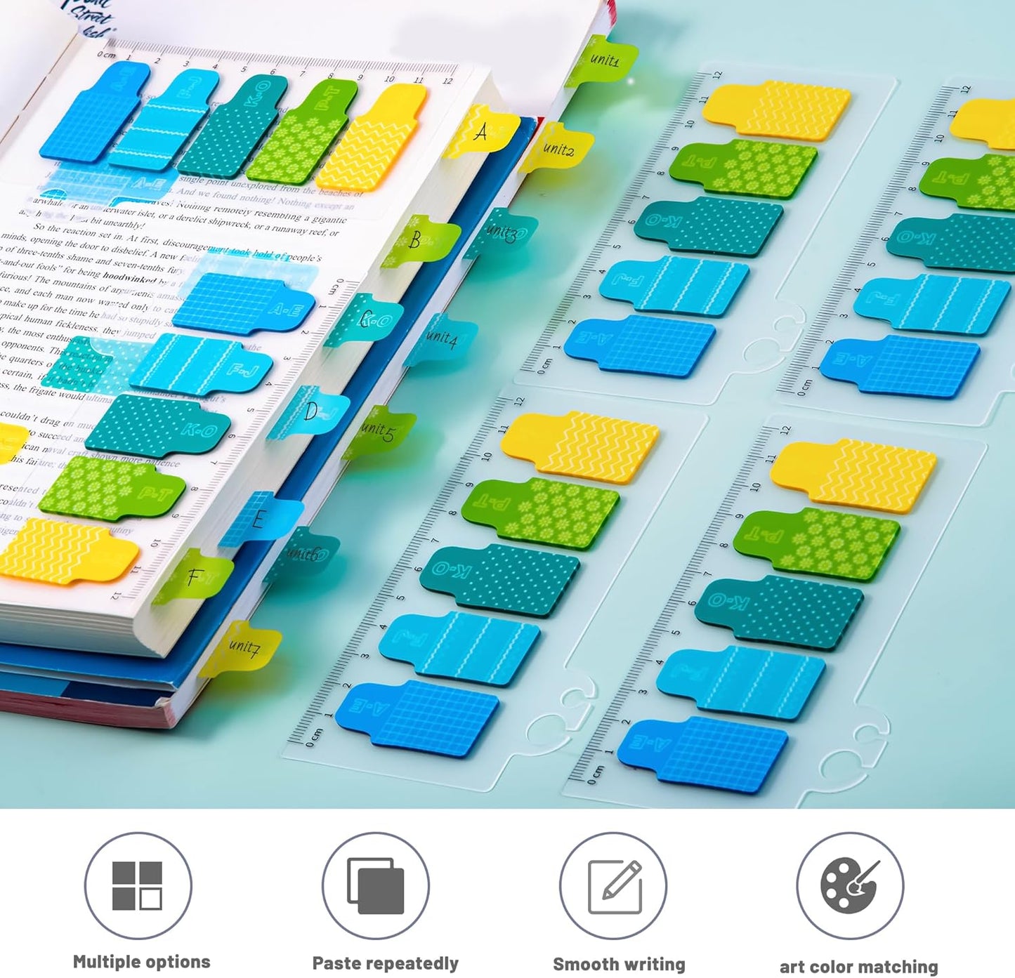 Golcellia Sticky Tabs for Notebooks 600 Pcs 5-Pattern Page Markers with Letter Index Flags, Book Tabs for Binders Bible Study Office School Supplies