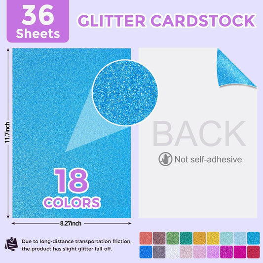 Koogel 36 Sheets Glitter Cardstock, 8.27" x 11.7" (A4 Size) 18 Colors, Heavyweight 250gsm Sparkle Paper for DIY Party Decorations & Scrapbooking, Arts and Crafts, Card Making, 92 lb / 250 GSM