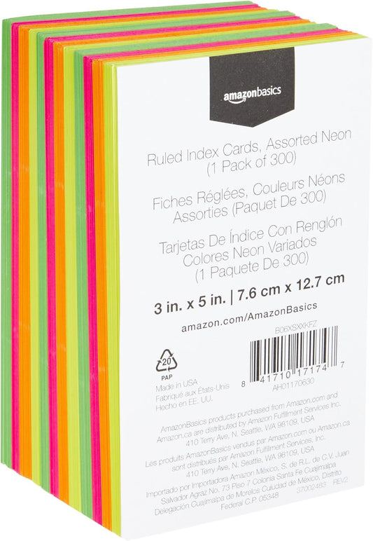 Amazon Basics Ruled Index Flash Cards for Studying and Note Taking, Color Coding, Assorted Neon Colors, 3" x 5", 300-Count