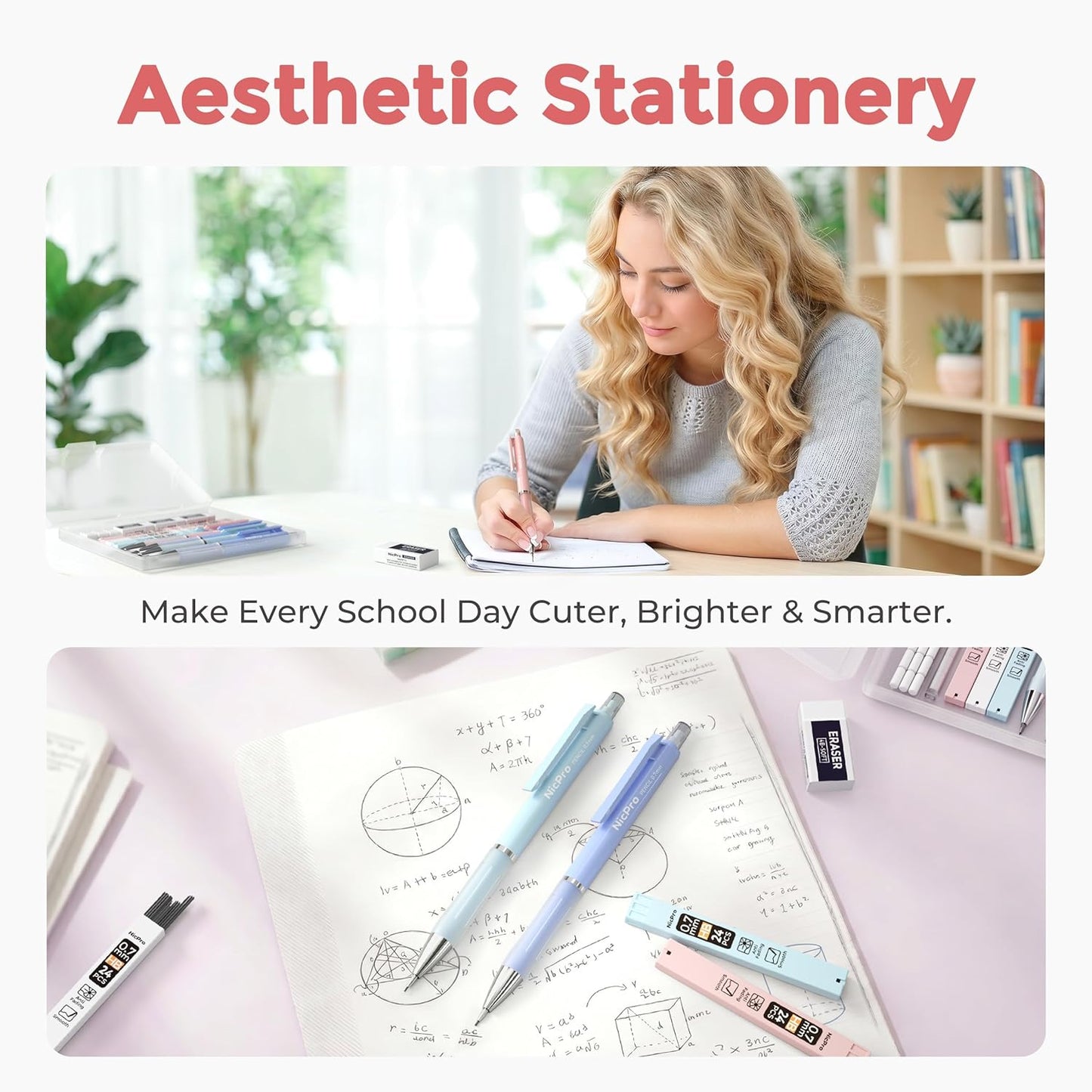 Nicpro 3PCS Cute Mechanical Pencil Set with Case, 0.7 mm Pencils with 6 Tube HB Lead Refill, 3PCS Eraser, 9PCS Eraser Refill for School Supplies Student Writing, Drafting Drawing Sketching