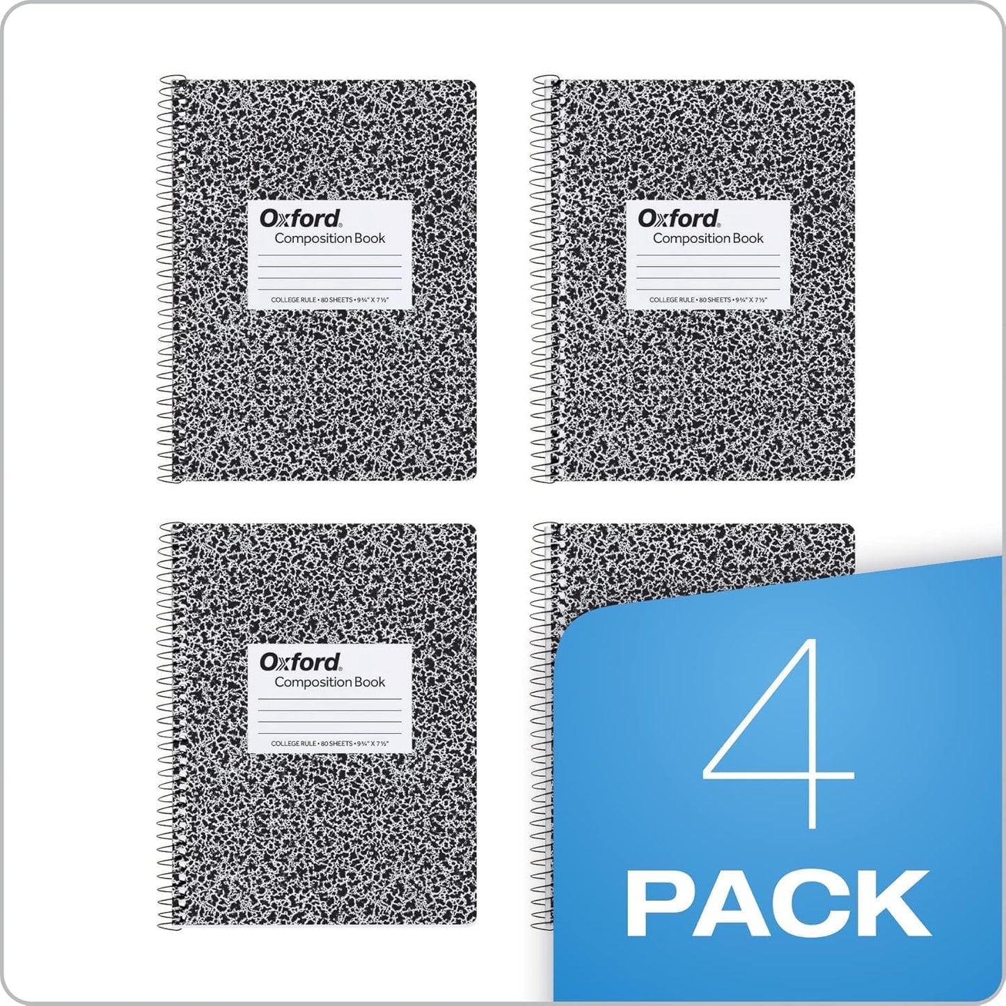 Oxford Spiral Composition Notebooks, 4 Pack, College Ruled Paper, 9-3/4 x 7-1/2 Inches, 80 Sheets, Black Marble Cover (64951)