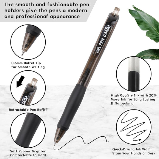 USUAL Gel Pens 0.5 mm,12 Pack Retractable Black Ink Pen Fine Point Rollerball Pens,Quick Dry Smooth Writing,No Bleed for Journaling Note Taking, Home School Office Supplies