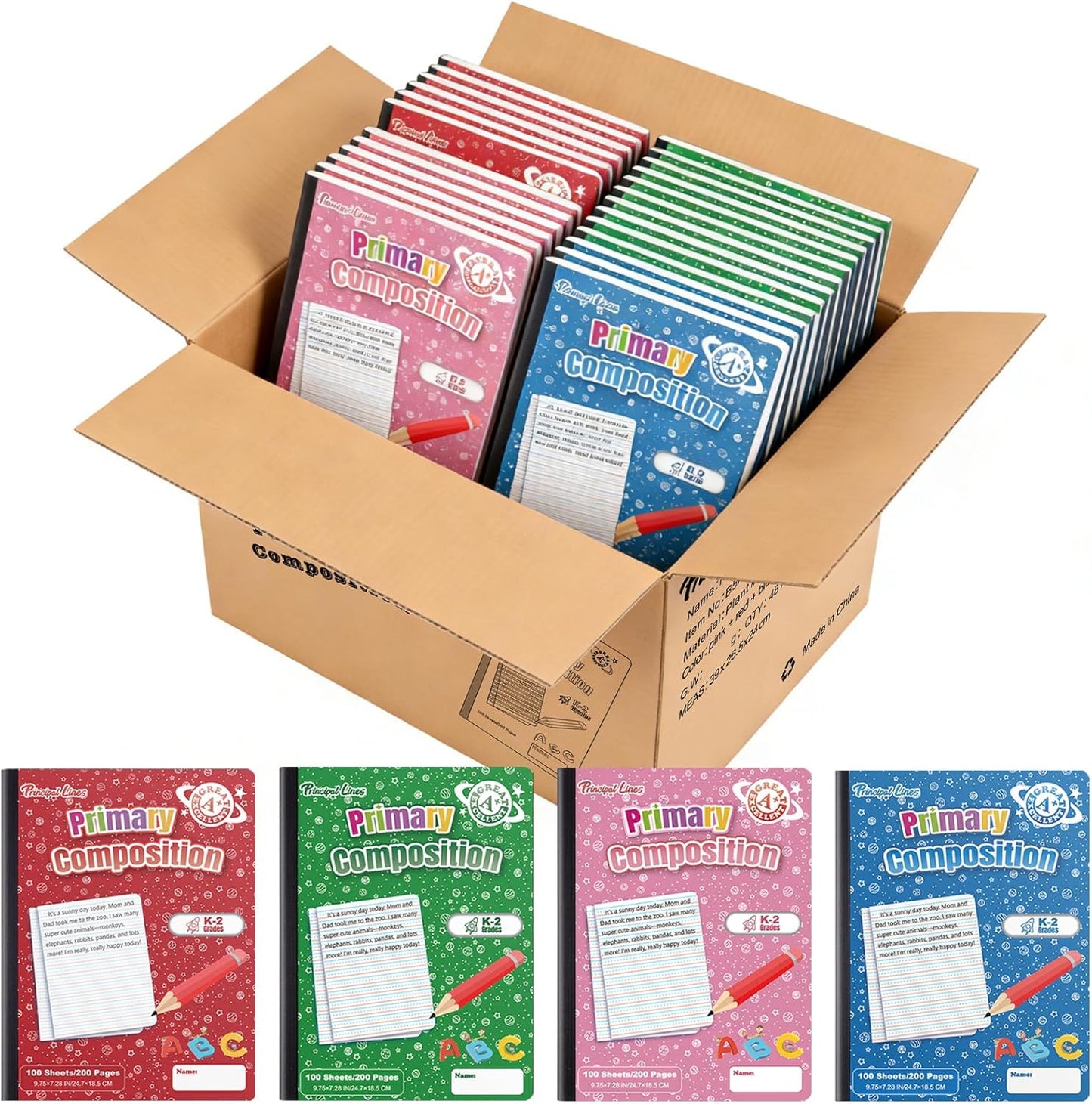 24 Pack Primary Composition Notebooks, Primary Journal Grades k-2, Writing Notebooks for Kids - Primary Ruled 200 Pages (100 Sheets) Hard Cover