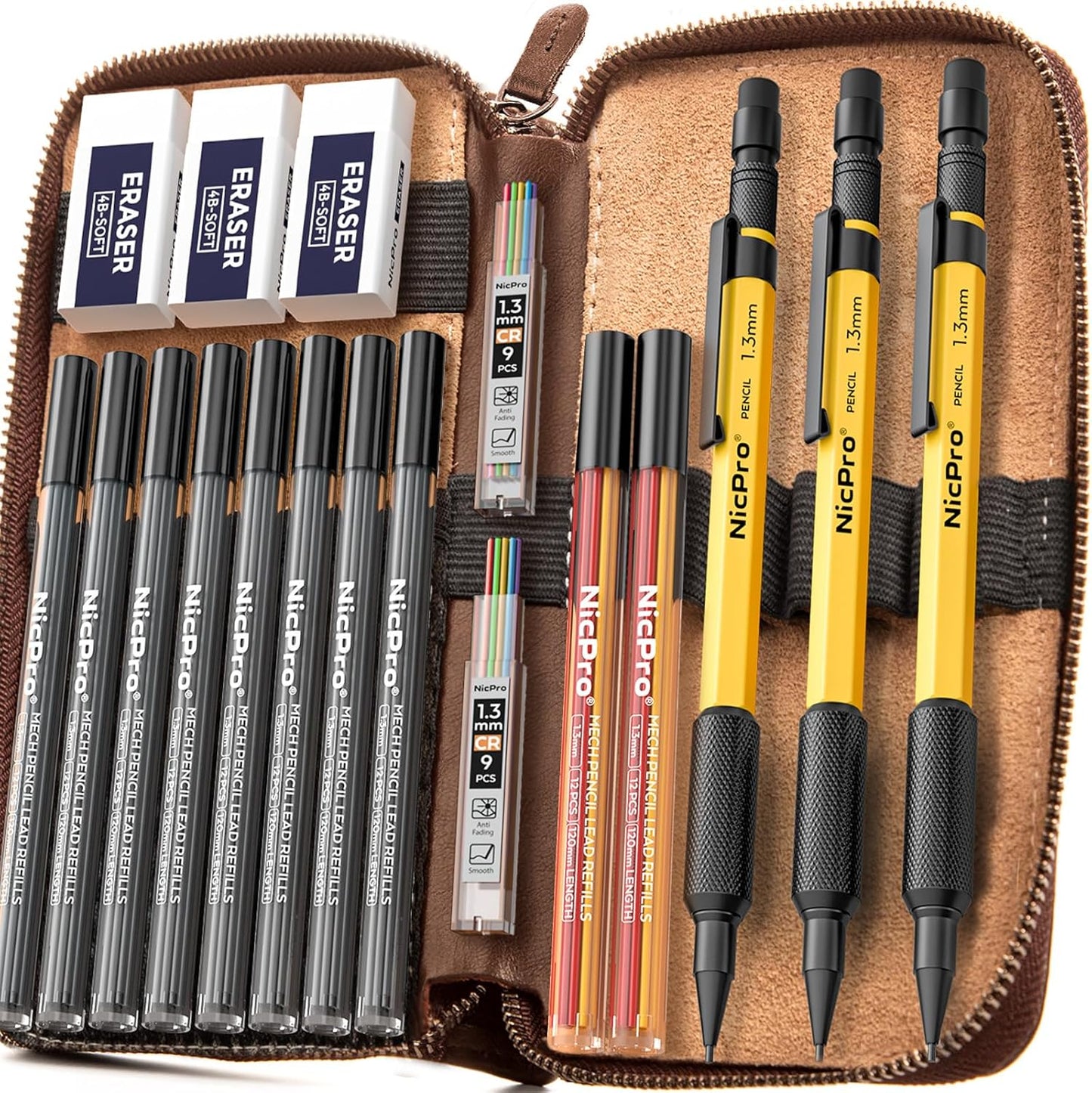 Nicpro 21PCS 1.3 mm Mechanical Pencil Set in Leather Bag with 138 Lead Refill Black & Colors, Erasers- Weatherproof Metal Heavy Duty Carpenter Pencil for Outdoor Drafting Marking Drawing Woodworking