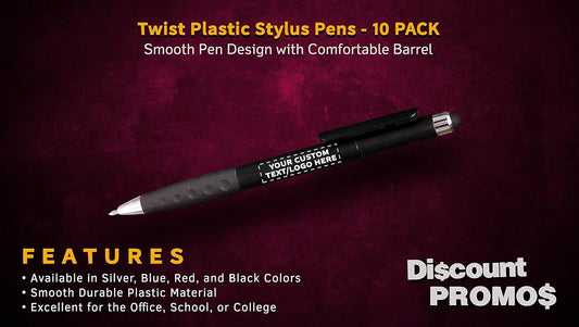 DISCOUNT PROMOS Personalized Twist Plastic Stylus Pens - 100 pack - Plastic Pens - Customizable Text, Logo - Silver