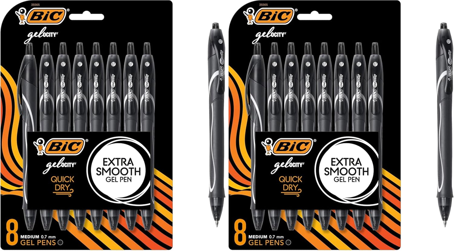 BIC Gelocity Quick Dry Black Gel Pens, Medium Point (0.7mm), 8-Count Pack, Retractable Gel Pens With Comfortable Full Grip