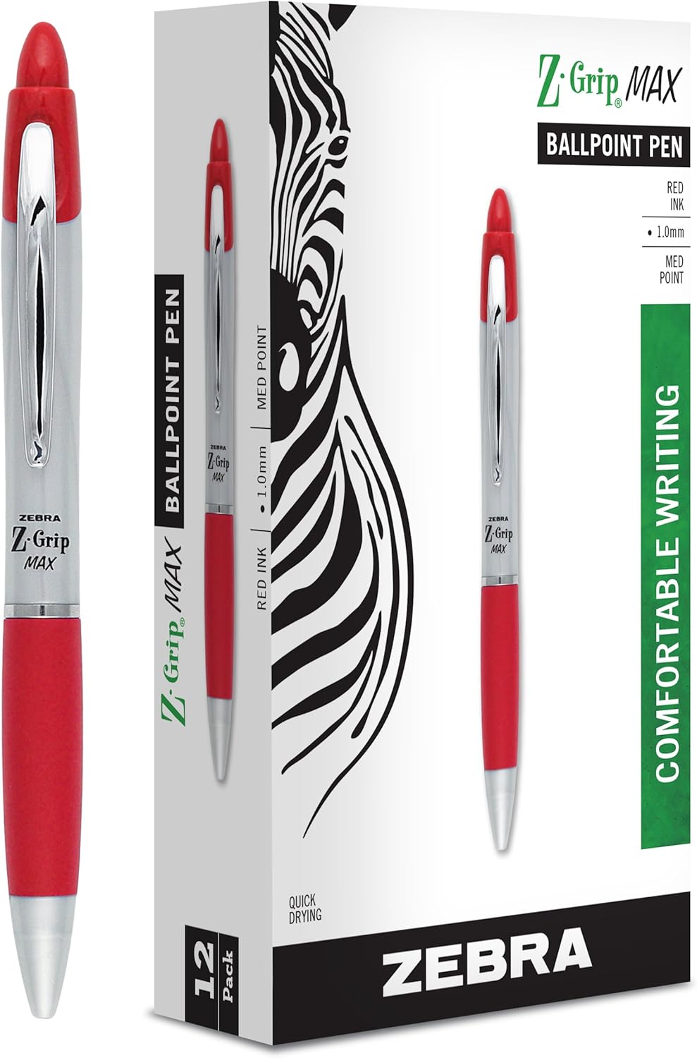 Zebra Pen, Z-Grip MAX Retractable Ballpoint Pens, Blue Ink, 1.0mm Medium Point, Wide Barrel with Comfortable Grip, Silver Barrel, Metal Clip, 12-Count, (22420)