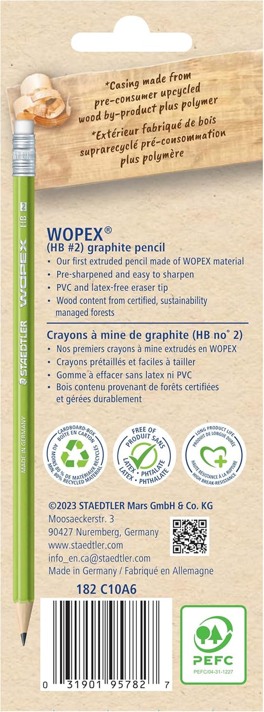 STAEDTLER WOPEX Pre-Sharpened #2 Pencils, Pack of 10 - Ergonomic Triangular Shape, Break-Resistant, Non-Slip Surface, Wood-Polymer, PVC-Free Eraser Tip
