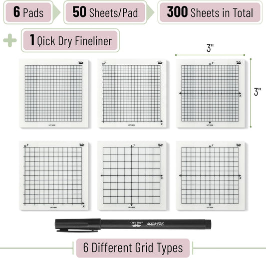 Mr. Pen- Transparent Graph Sticky Notes, 3x3 Inch, 6 Pads, 50 Sheets/Pad, 6 Grid Designs, Square Graph Paper Notes & Fineliner, Waterproof Grid Sticky Note Pads for Math, Study, Journals, Planners
