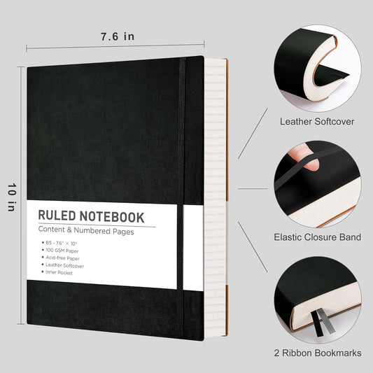 RETTACY Lined Journal Notebook, 2-Pack, 204 Numbered Pages per Pack, B5 Medium 7.6" × 10", Leather Softcover, 100 GSM Thick Paper, for Writing, Work, School (Black & Dark Green)
