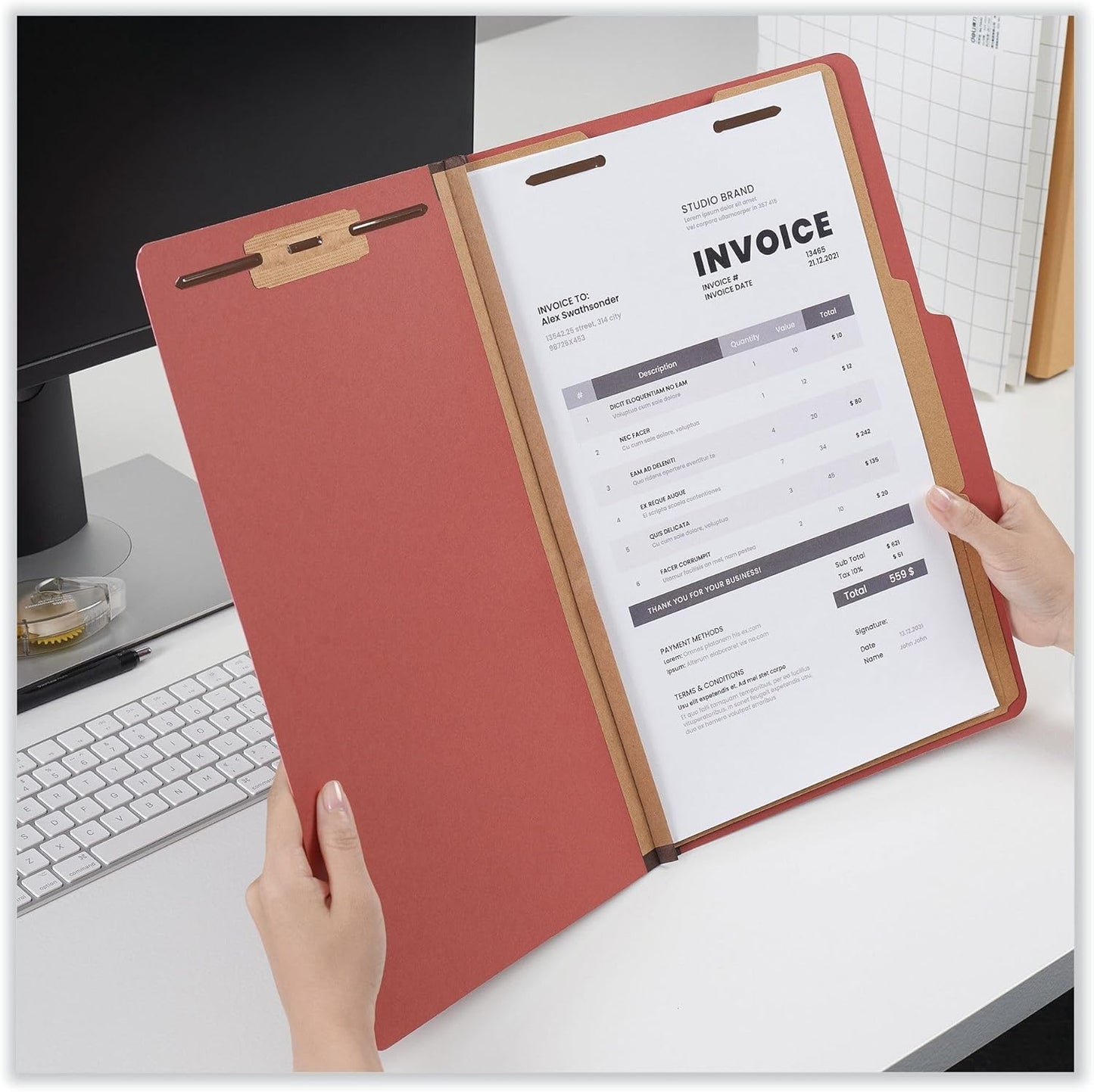 Six-Section Classification Folders, Heavy-Duty Pressboard Cover, 2 Dividers, 6 Fasteners, Legal Size, Brick Red, 20/Box