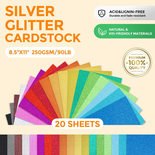 BigOtters 20 Sheets Glitter Cardstock, 10 Colors Premium Card stock Paper for Scrapbook and Craft Projects, Back to School Supplies, 8.5 x 11 Inch, 250GSM