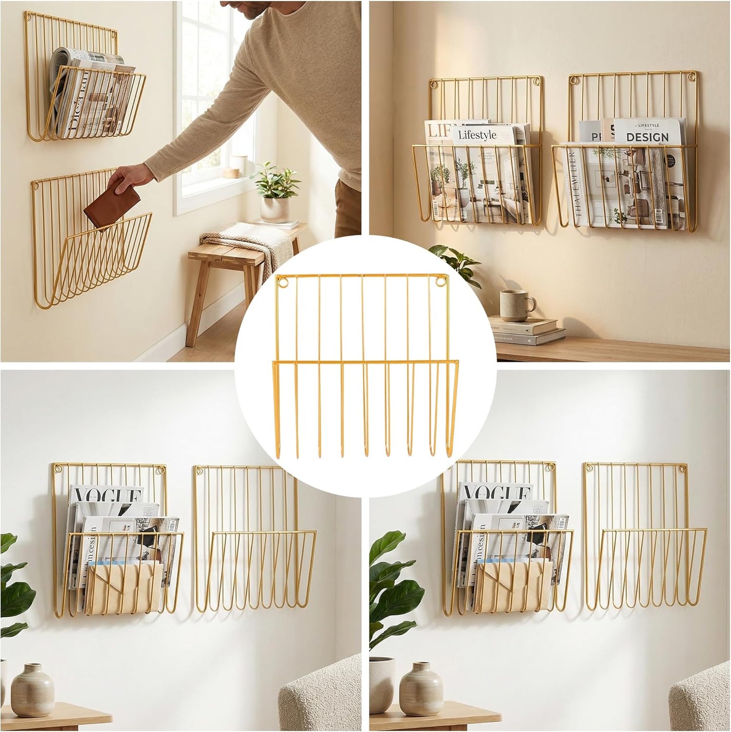 2-Pack Wall Magazine Holder File Organizer Mental , Wall Mounted Magazine Rack for Space-Saving, Walls Magazine Holder for Mail, Bathroom & Home Office Organizer, Office Living Room(Gold)