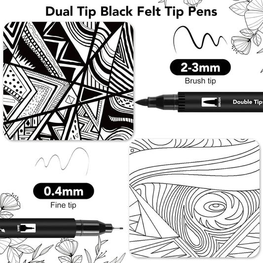 Thboxes 12 Pack Black Drawing Pens, Dual Tip Brush Fineliners Pens Washable Brush Tip Markers for Adults Art Drawing Sketching Journaling Calligraphy