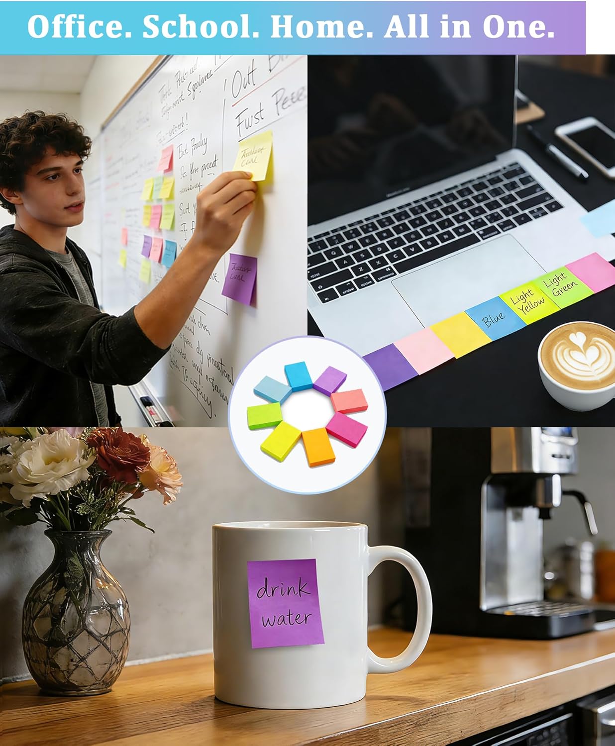 8 Pack Bright Color Sticky Notes 1.5x2 Inch, 100 Sheets/Pad 800 Total, Adhesive Memo Pads for Office School Home Organization