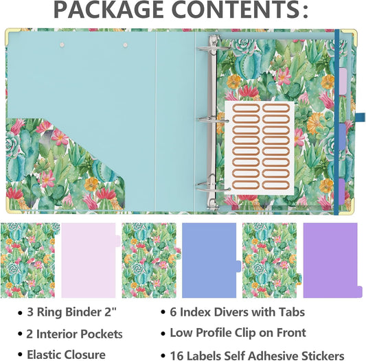 3 Ring Binder 2 Inch, Cute Round Ring Binders with 6 Tab Dividers, Labels Stickers, Low Profile Clipboard with Storage, Fashion Binder School Office Supplies (Wild Flowers)