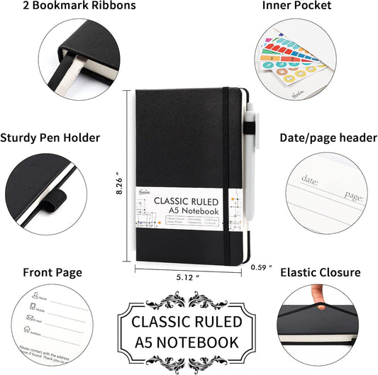 feela 18 Pack Journal Notebook for Work, Business Notebook Bulk Hardcover Lined Writing Journal with Pen Holder for Men Women Note Taking, with 18 Black Pens, 120 GSM, 5.1”x8.3”, A5, Black