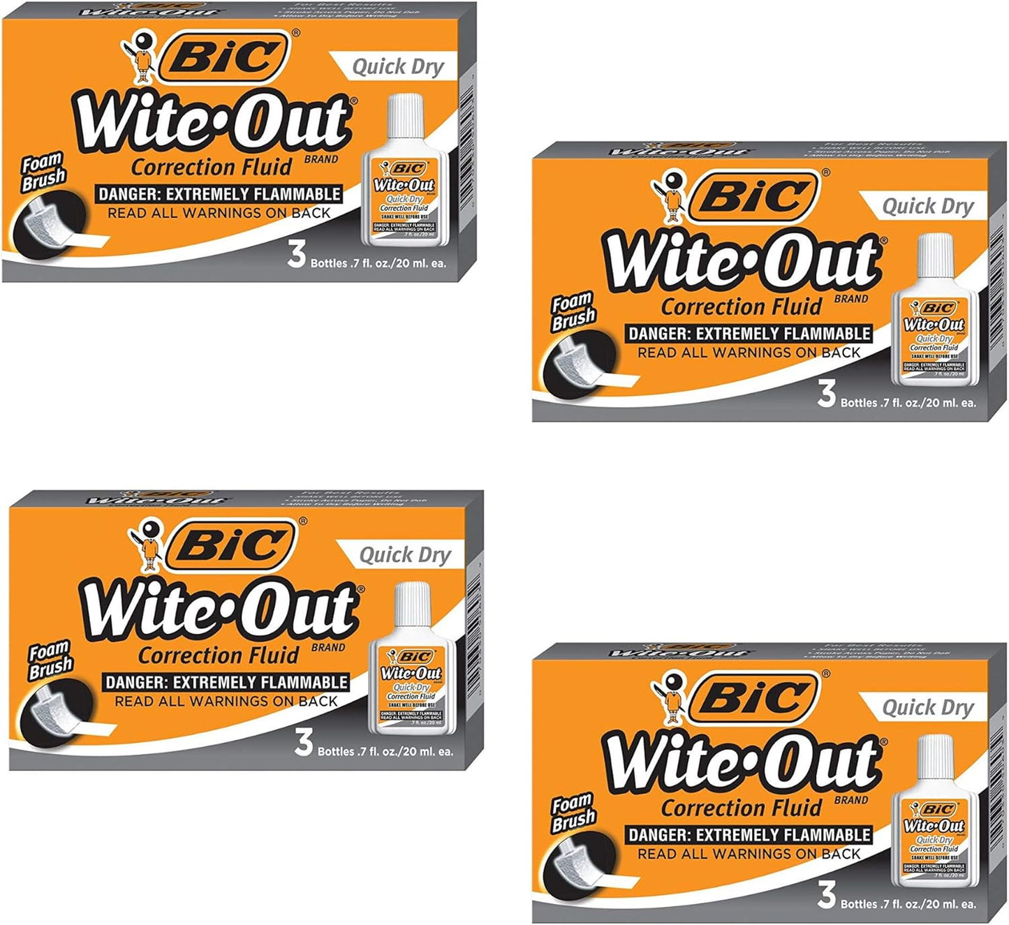 BIC Wite-Out Quick Dry Correction Fluid - 3 per Pack (BICWOFQD324), 4 Pack