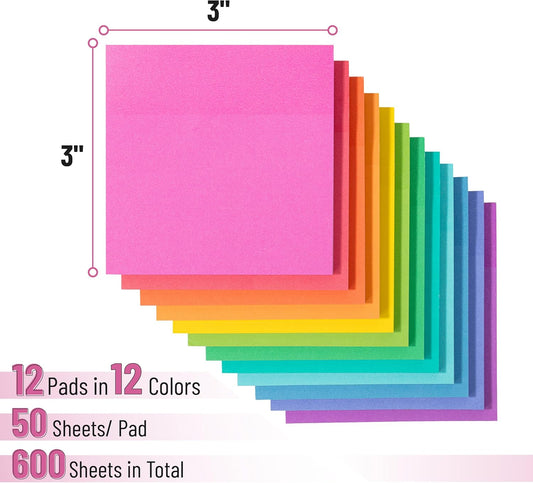 Mr. Pen- Sticky Notes, 3"x3", 12 Pads, 600 Sheets, Vibrant Colors, Sticky Notes Bulk, Self-Stick Note Pads, Perfect for Office, School, Home, Study & Organization