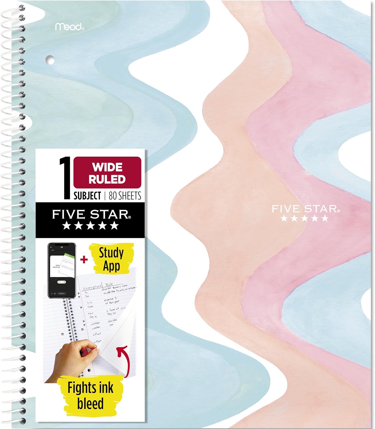 Five Star Spiral Notebook + Study App, 2 Pack, 1 Subject, Wide Ruled, 8" x 10-1/2", 80 Sheets, Fights Ink Bleed, Water Resistant Cover, Pastel Waves and Brush Strokes (930210F-ECM)