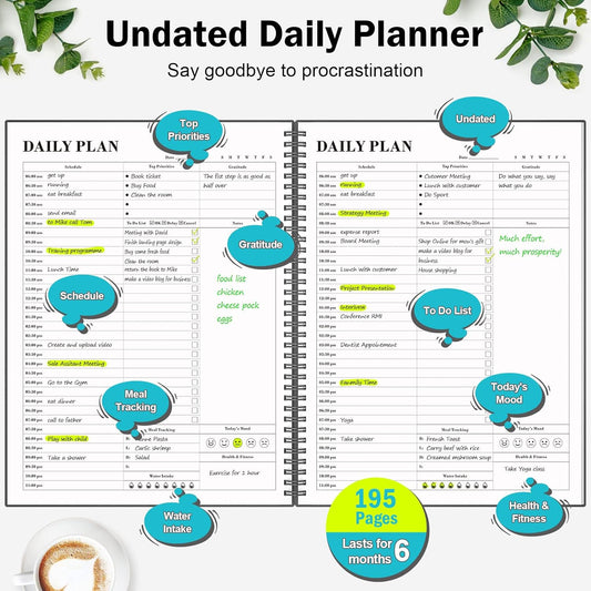 Daily Planner Undated, Asten To Do List Notebook Hourly Schedules Spiral Appointment Planner for Men and Women,PVC Hardcover,Elastic Closure, Inner Pocket 8.3" x 5.8" (Black)