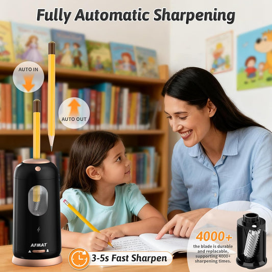 AFMAT Electric Pencil Sharpener, Auto in & Out, Fully Automatic Pencil Sharpener, Rechargeable Hands-Free Sharpeners for Jumbo & Colored Pencils (7-11.5mm), Good for Classroom/Home PSC8(Light Pink)