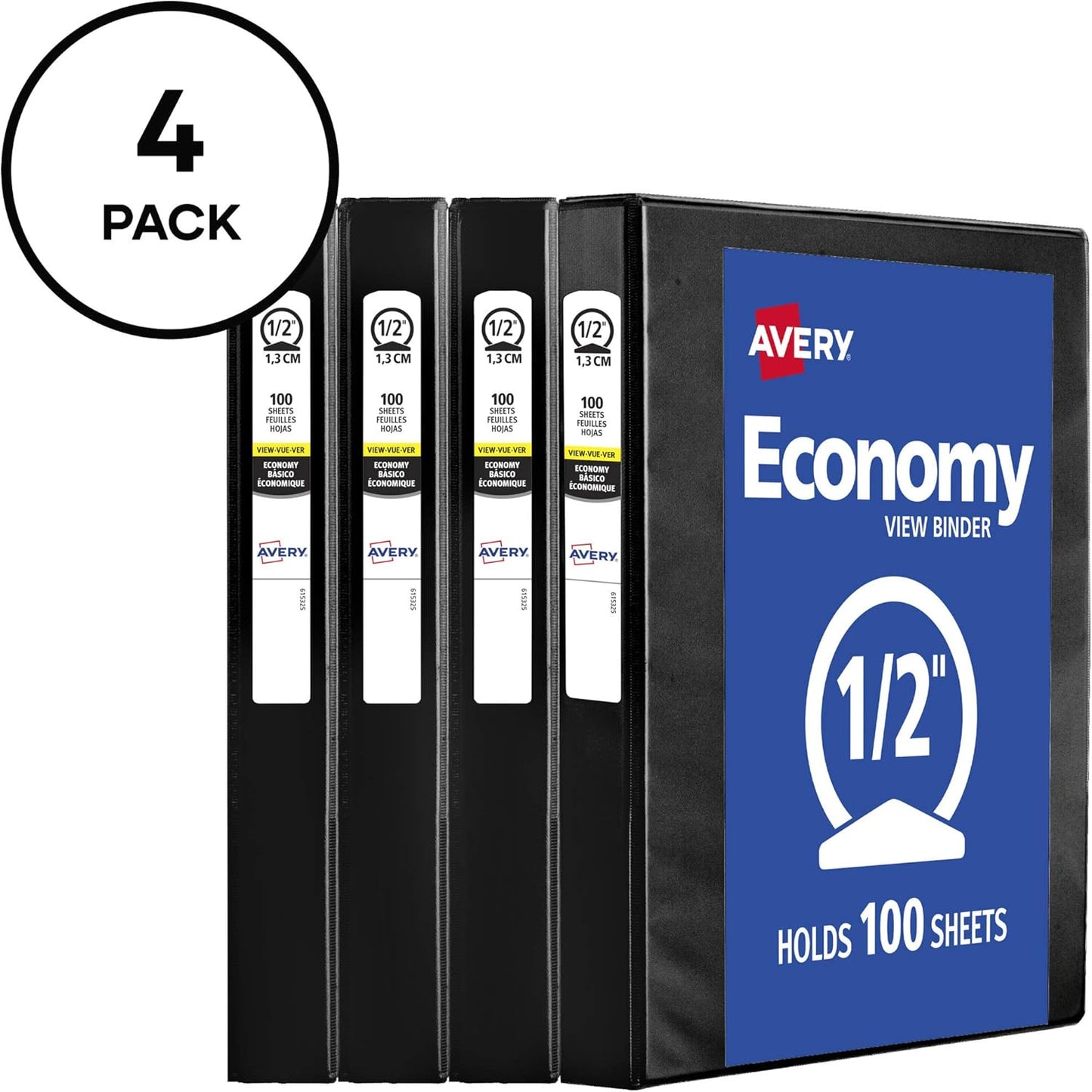 Avery Standard View 3 Ring Binder, 0.5" Round Rings, 100-Sheet Capacity, 0.7 Inch Wide Spine, 1 Black Binder, Ideal for Lightweight Organization and Occasional Referencing (17701)