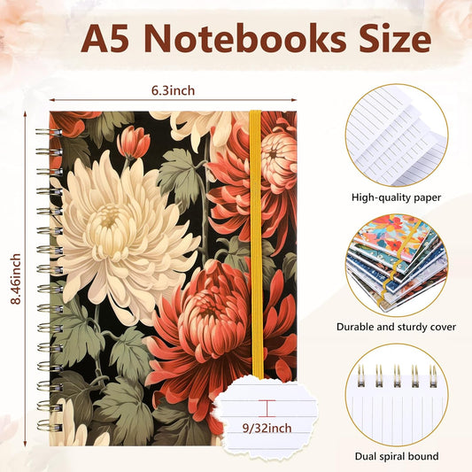 Resurhang 6 Pack Spiral Notebook A5 Hardcover Lined Journal for Women with 2 Pockets Vintage Floral Spiral Journal College Ruled Notebooks 160 Pages & 80 Sheets for Work School Office(Vintage Floral)