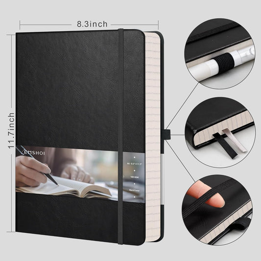 EMSHOI A4 College Ruled Notebook, Large 8.3" x 11.7", 192 Pages 100GSM Ink-Proof Faux Leather Hardcover Lay-Flat Lined Journal for Office School Work Writing, Black