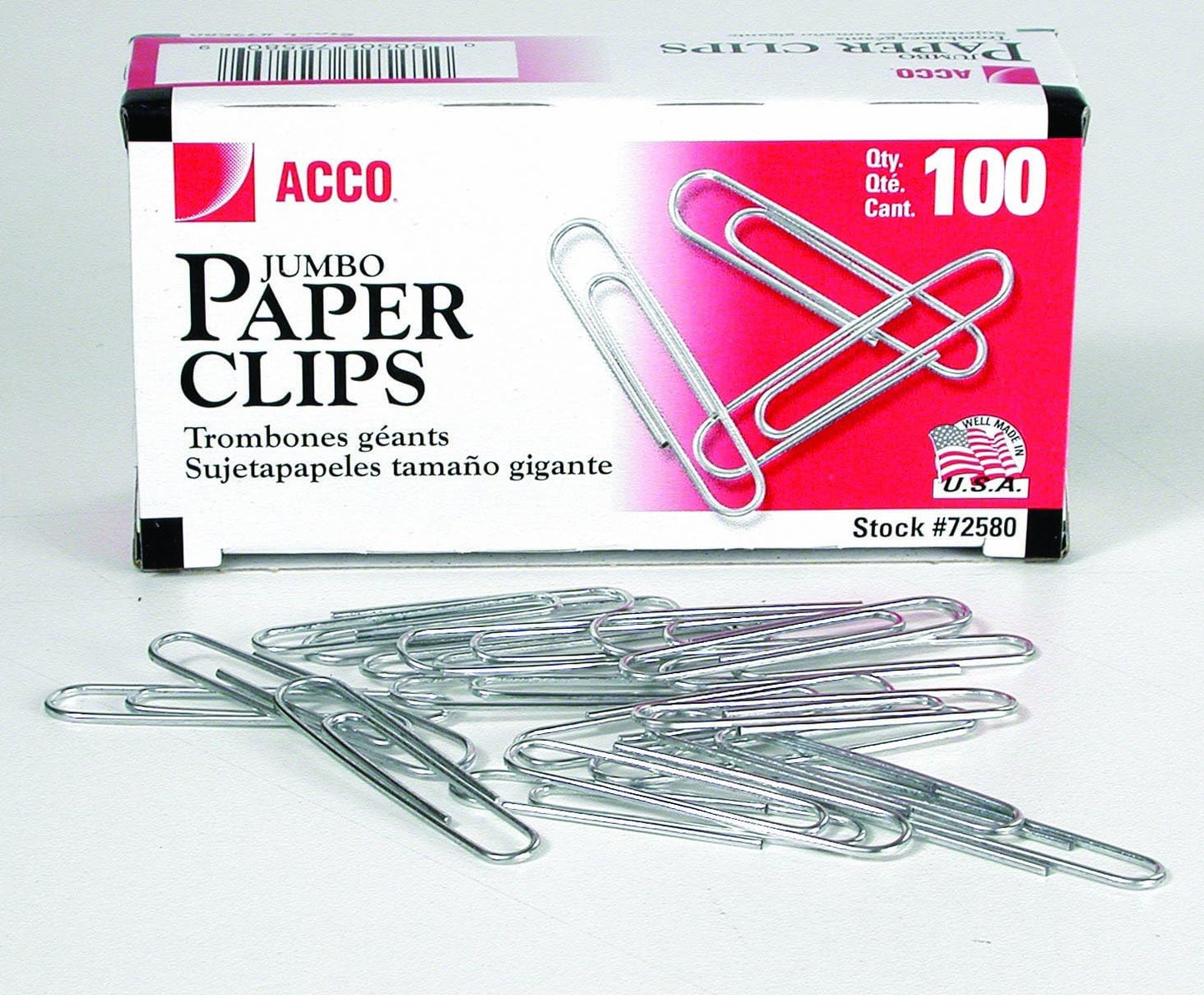 ACCO Paper Clips, Jumbo, Smooth, 100 Clips/Box, 1 Box (72580)