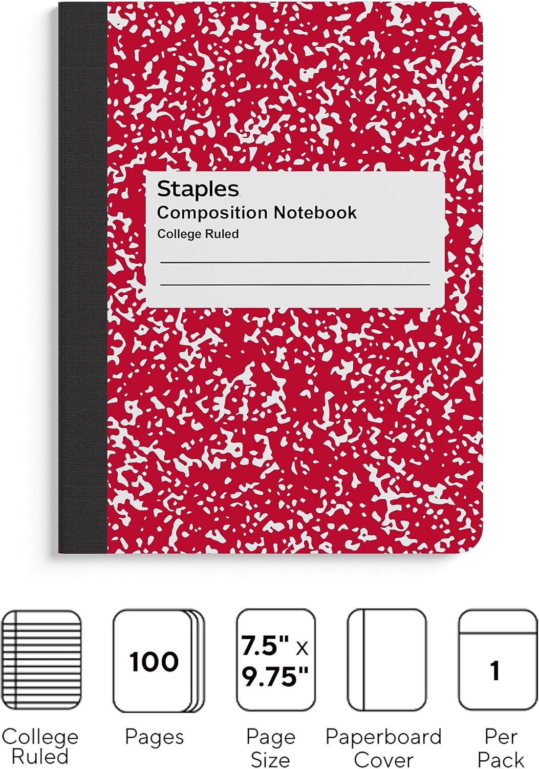 STAPLES Composition Notebook, 9.75” x 7.5”, College Ruled, 100 Sheets, Assorted Colors, 48/Carton