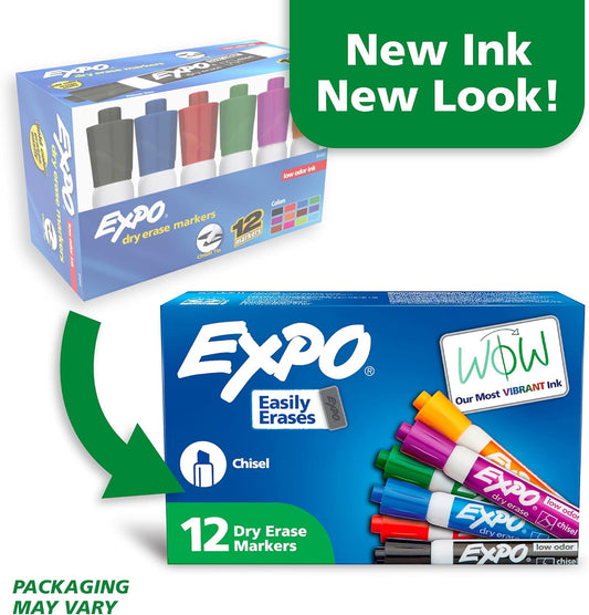 EXPO Dry Erase Markers, Low Odor Ink, Assorted Colors, Chisel Tip, 12 Count