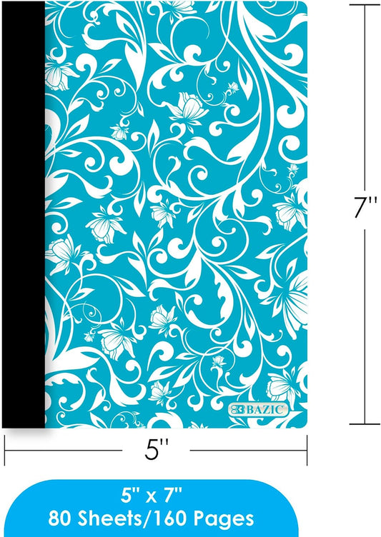 BAZIC Products Composition Notebook 80 Sheet 5" x 7" Floral Poly Cover Notebook, Writing Journal Comp Lined Notebooks for Office School, Assorted Color, 6-Pack