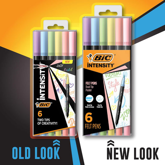 BIC Intensity 2 in 1 Dual Tip Fineliner Pens, Fine Tip (0.7mm) and Flexible Brush (3.7mm), Assorted Pastel Colors, 6-Count Pack