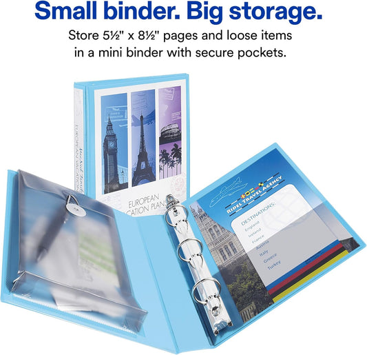 Avery Mini Durable View Protect & Store 3 Ring Binder, Holds 5.5" x 8.5" Paper, 1" Round Rings, 175-Sheet Capacity, 1.4 Inch Wide Spine, Includes Fully Enclosed Pocket, 1 Light Blue Binder (23014)