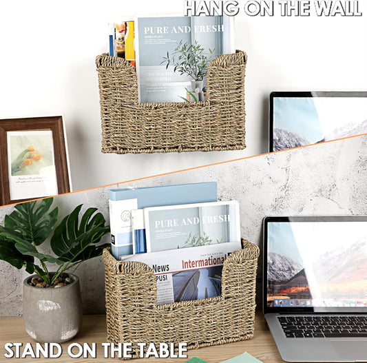 BTSKY Woven Hanging Magazine Holder, Water Hyacinth Magazine Basket, Wall Mounted Storage Basket for Books & Files, Wall File Organizer Magazine Rack with Handle for Home & Office - 11.8x4.3x7.9 Inch