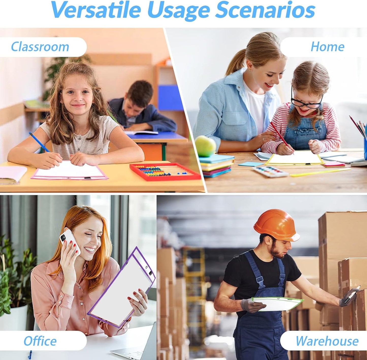 BEVTEE Dry Erase Pocket Sleeves 8 Pack, 13.5x10 Inch Clear Plastic Paper Sleeves, Heavy Duty Ticket Holder Pockets, Reusable Sheet Protectors, Teaching Supplies for Classroom Elementary, with 1 Ring
