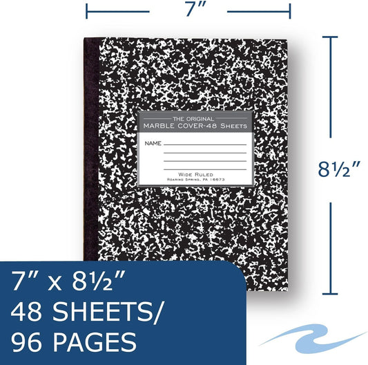 ROARING SPRING Flexible Cover Composition Notebook, 12 Books, Black Marble, Wide Ruled w/Margin, 48 Sheets (96 Pages), 8.5" × 7", Center-Sewn, Made in USA
