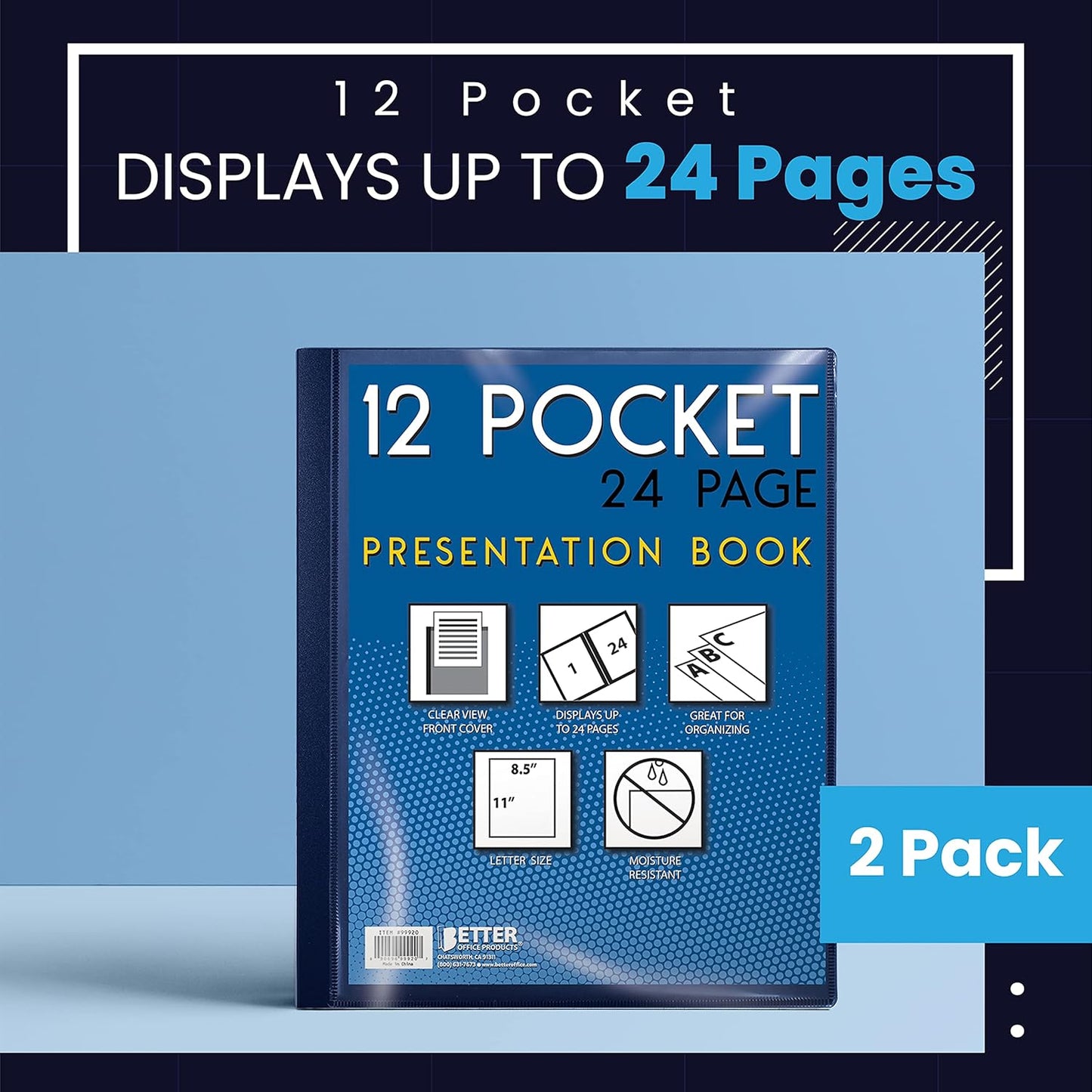 Better Office Products 12 Pocket Bound Presentation Book, Blue with Clear View Front Cover, 24 Sheet Protector Pages, 8.5" x 11" Sheets, Art Portfolio, Durable Poly Covers, Letter Size, Blue