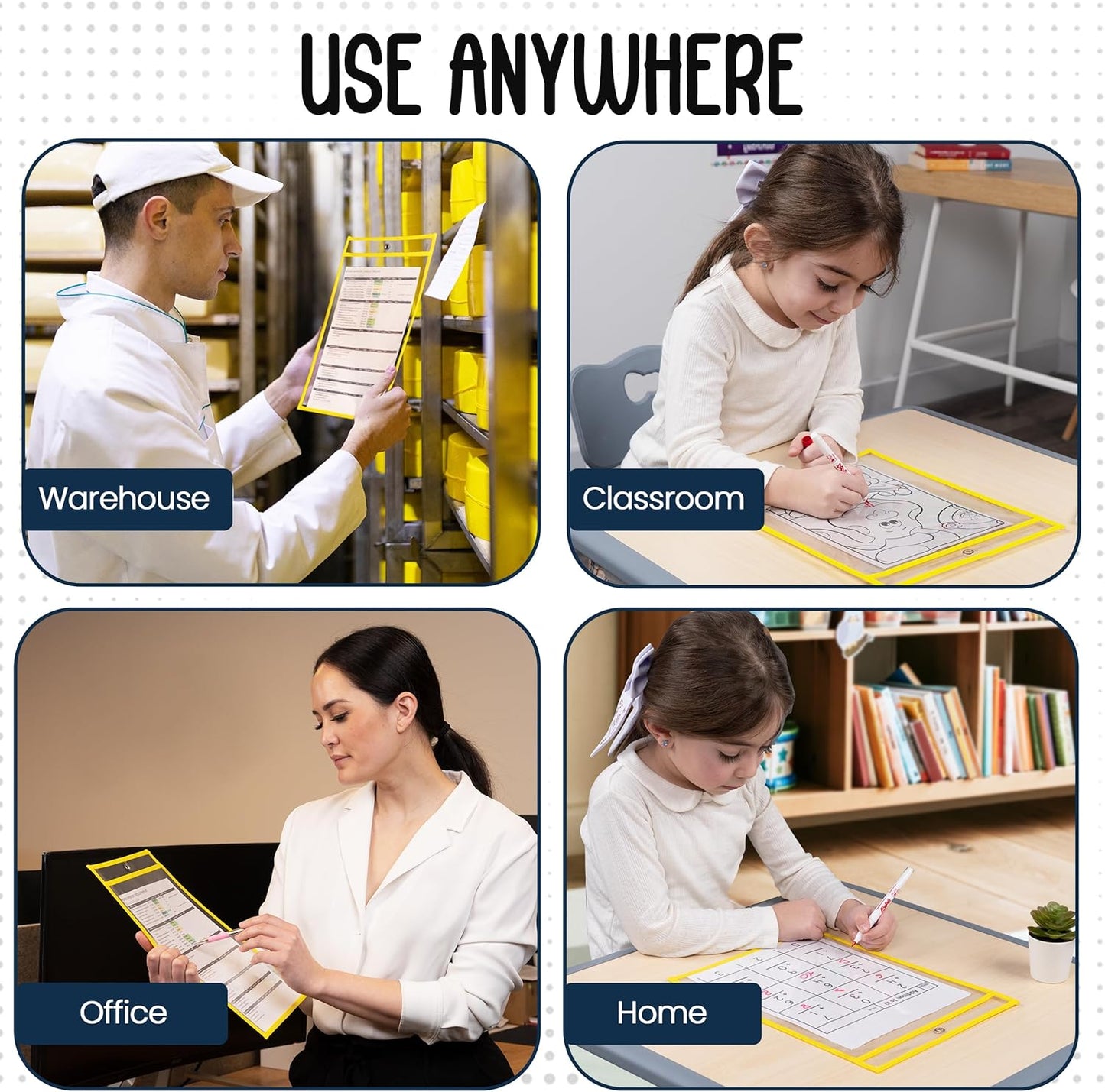 Essex Wares - 6 Pack, Assorted, Dry Erase Pocket Document Protectors, 10" Wide x 13.5" Tall- Dry Erase Clear Plastic Sleeves - Reusable & Easy Erase Plastic Invoice Holders, Water-Resistant & Durable