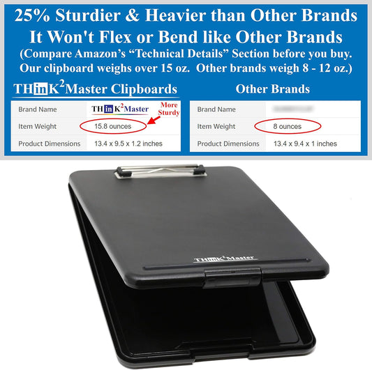 Think2Master Black Plastic Storage Clipboard. | 25% Heavier & 25% Sturdier| Heavy Duty and Wonโt Flex or Bend Like Other Brands (Compare The Weight). Storage Compartment Holds 150 Letter Sized Paper.