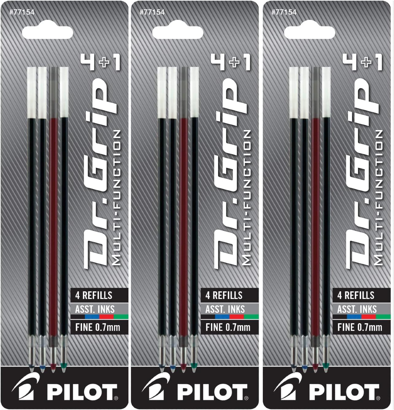 PILOT Dr. Grip 4+1 Multi-Function Ballpoint Ink Refills, Fine Point, Black/Red/Blue/Green Inks, 3 Pack