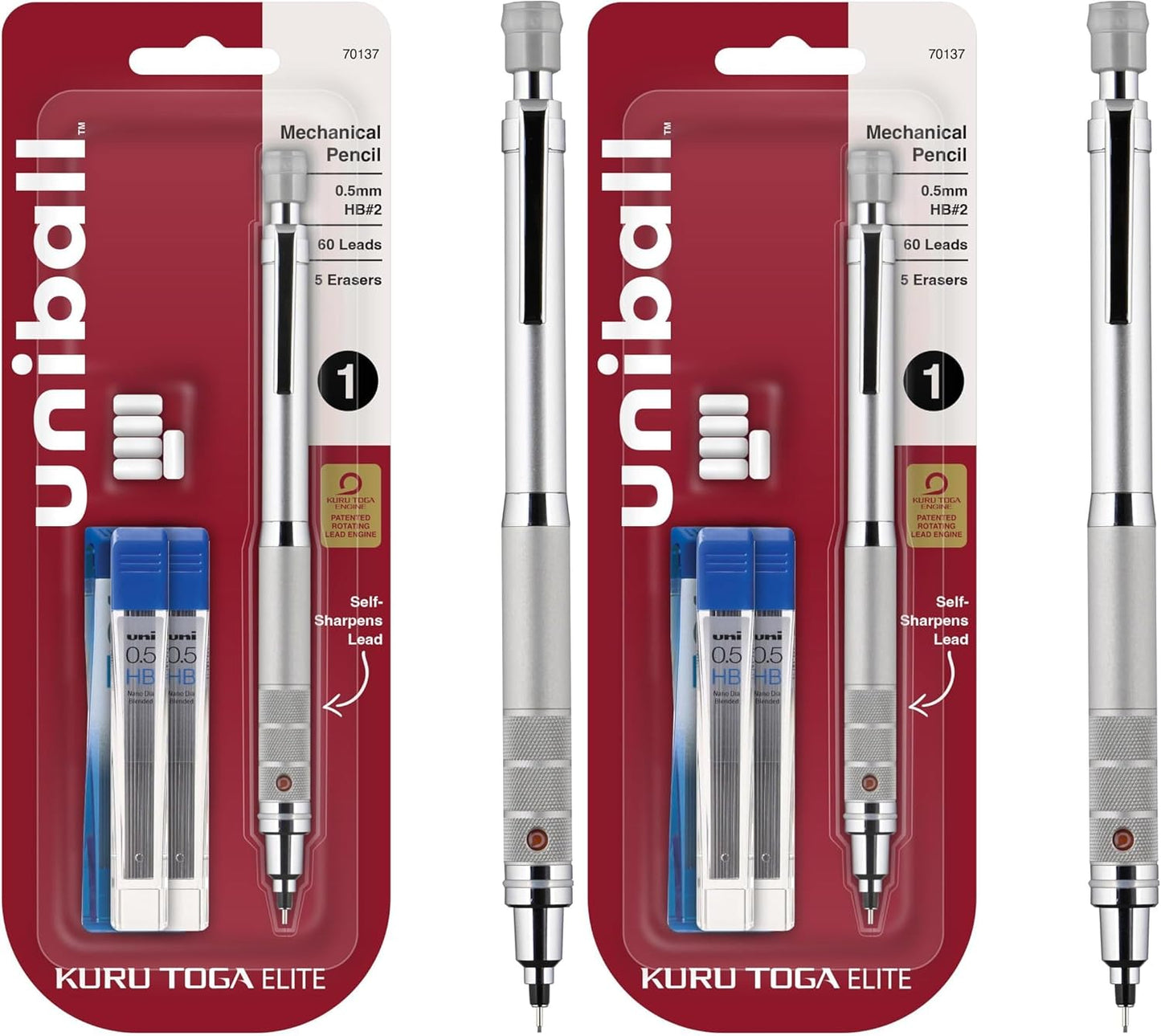 uniball Kuru Toga Elite Mechanical Pencil Starter Kit, 0.5mm, HB #2, Silver Barrel, 1 Pack