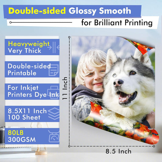 Koala Thick Photo Paper Double-sided Glossy Heavyweight Paper 8.5X11 Inches 80LB 100 Sheets 300GSM Cardstock Compatible with Inkjet Printer